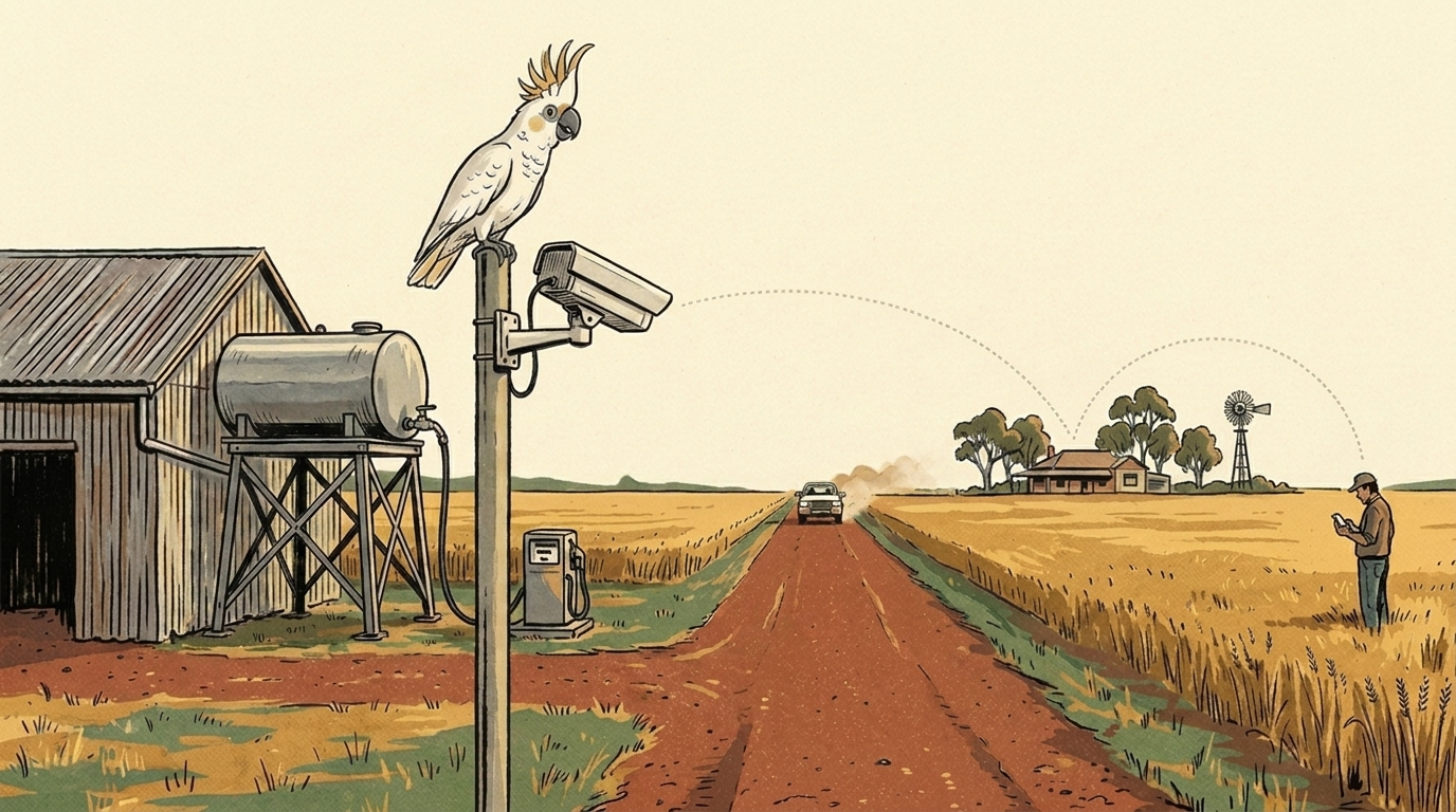 Illustration: gate camera watches a ute on the driveway; the alert hops to the farmhouse and a distant farmer's phone