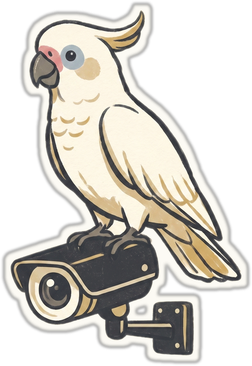 Cockatoo Watch mascot perched on a security camera